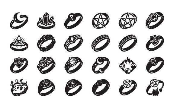 Magic rings set with mystical occult symbols black flat icons for fantasy roleplaying game design.