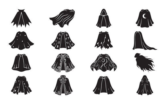 Witch cape collection with magical robes and hooded cloaks for fantasy wizard character illustration.