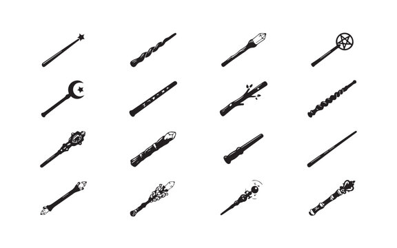 Wands and magical staves set with crystalline and runic accents for fantasy game visual elements.