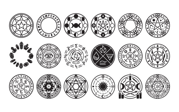 Black silhouette magic circles and ancient runic symbols for mystical protection and spiritual designs.