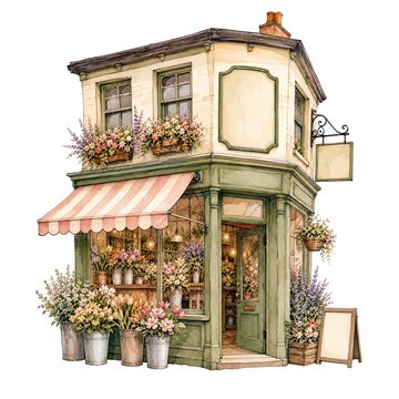 Watercolor Florist Shop With Flower Buckets Outside