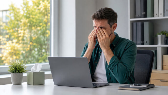 Man rubbing his tired eyes while sitting at desk with laptop, tissue box, and plant, with shelves in background.