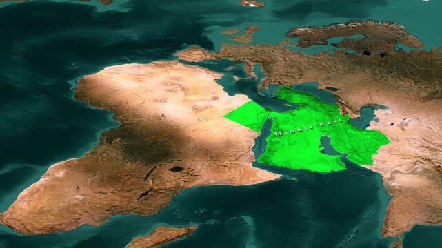 Middle East region highlighted in green on 3D satellite terrain map with text label, Arabian Peninsula, Iran, Turkey and Levant geography animation