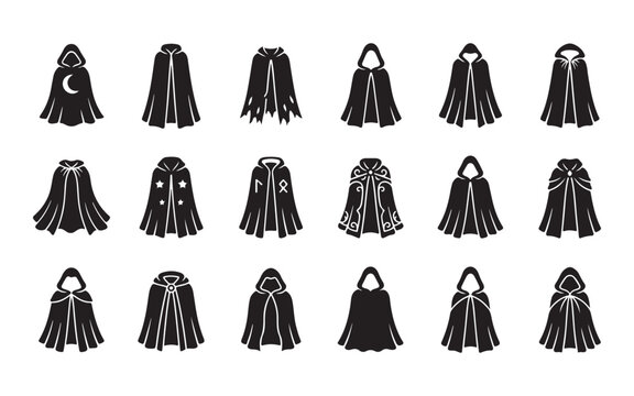 Set of black magical cloaks capes hoodies with mystical patterns and occult designs for fantasy arts.