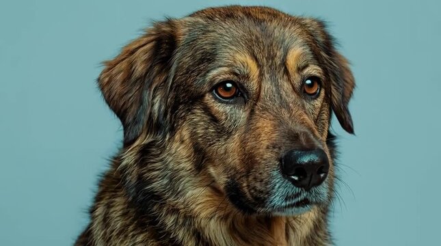 Cute brown mixed breed dog sitting on grey background