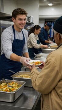 Smiling young male volunteer wearing blue apron and gloves serves warm meal from food counter to person in need inside community kitchen.