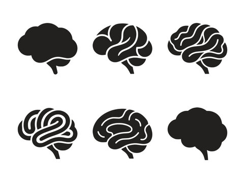 Human brain vector silhouettes grid set featuring diverse cerebral cortex anatomical shapes for science medical and neurology creative graphic designs