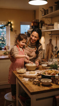 Smiling woman and young girl baking together in cozy, warm kitchen, mixing dough in bowl on wooden countertop filled with baking supplies and ingredients.