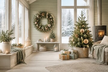 Obraz premium Cozy Scandinavian Christmas living room with tree and fireplace