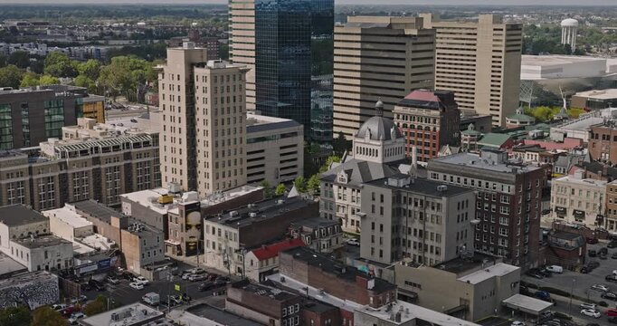 Lexington Kentucky Aerial v7 low flyover downtown capturing urban cityscape featuring court house and modern mid and high rise buildings - Shot with Inspire 3 8k - Sept 25th 2023