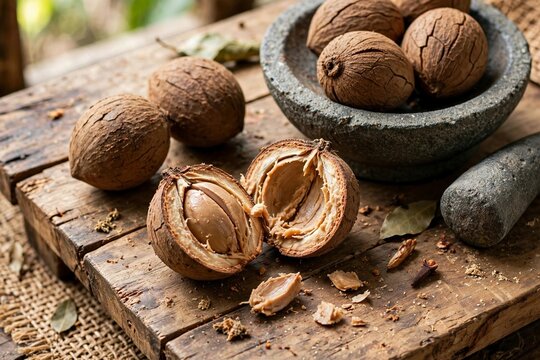 Young Kluwek Fruit Cracked Open Showing Light Brown Flesh On Traditional Mortar