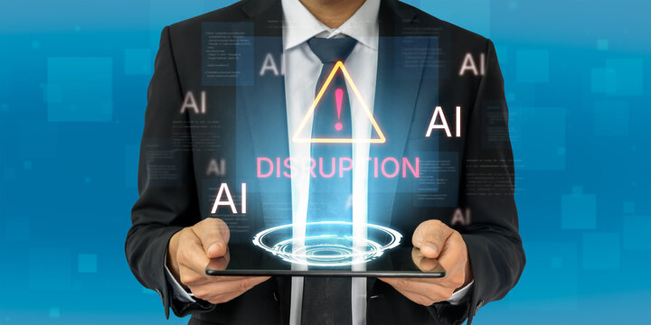 Disruption warning future of work, featuring AI agents replacing human jobs. Represents labor unemployment, corporate automation cost shift, and need for new career reskilling and upskilling. Corpus
