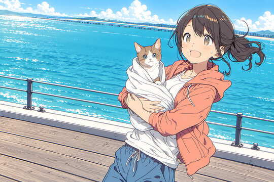Young woman cuddling a tabby kitten in a white towel on a boardwalk by the turquoise sea, anime style illustration，エメラルドの海沿いの遊歩道で白いタオルに包んだトラ猫の子猫を抱きしめる若い女性、アニメ風イラスト