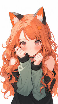 Cute cat-ear girl with curly ginger hair in an off-shoulder sweater posing like a cat, vertical illustration on white，オフショルダーニットの巻き髪猫耳少女が両手で猫のポーズ、白背景の縦長イラスト