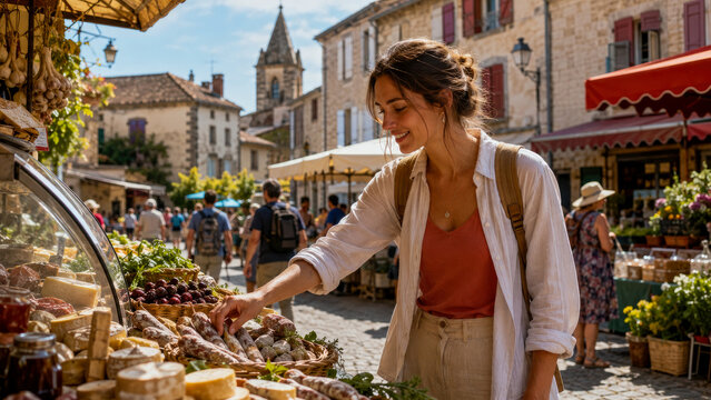 Smiling young woman with backpack selects sausages from basket at sunny outdoor street market in historic European village square