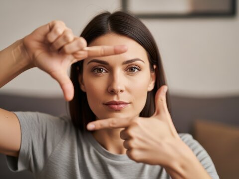 Confident woman making finger frame gesture, creative perspective and vision concept, professional female photographer framing a shot with hands