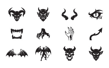 Obraz premium Terrifying demon head icons set featuring horned monster faces bat wings and sharp devil claw signs.