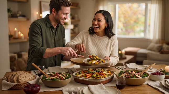 Happy couple shares meal together at table laden with roasted vegetables, salad, bread, and cranberry sauce, enjoying cozy indoor gathering.