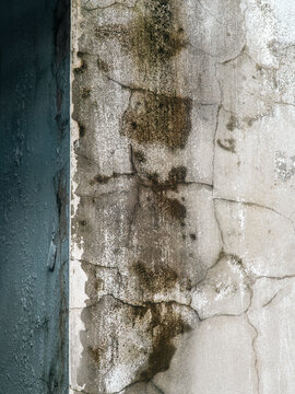 Weathered concrete wall corner with black mold stains and cracks beside dark blue painted surface, grunge urban texture background