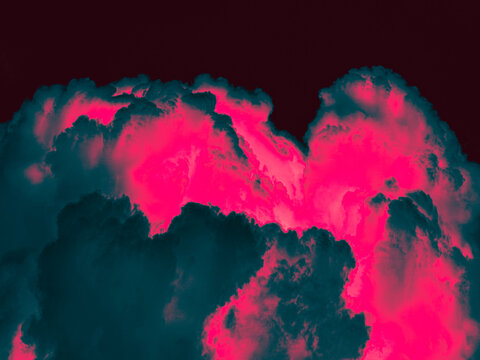 Abstract duotone pink and teal cloud formation, bold vibrant stylized cloudscape with dramatic dark sky, surreal artistic weather background