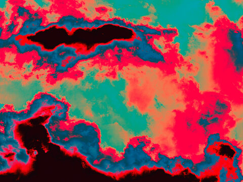 Abstract duotone red teal cloud formation with dark shadow patches, bold vibrant stylized surreal sky background, dramatic artistic weather