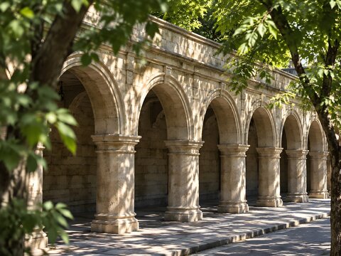Stone arcade of round arches along a city sidewalk with squat columns and a moulded archivolt