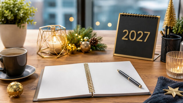 Wooden office desk decorated for new year with calendar showing 2027, open blank notebook with pen, coffee cup, candles, and festive holiday ornaments.