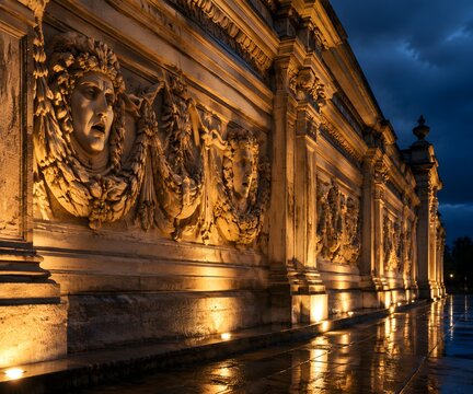 Heavily carved stone facade lit by ground uplighters with a deep frieze of masks and swags