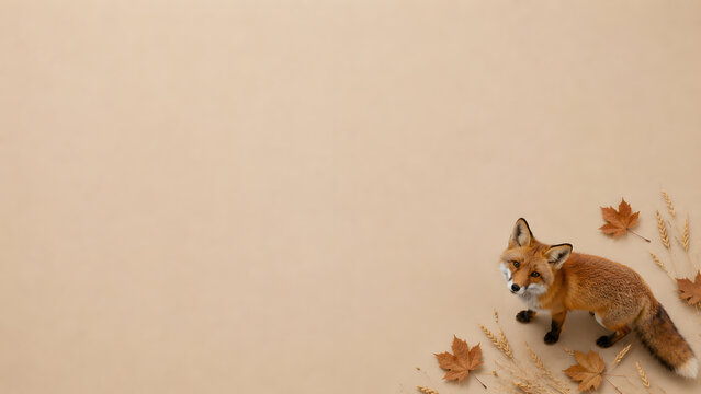Minimalist autumn fox background with copy space, wild orange fox with dry leaves on beige background, fall season nature banner design