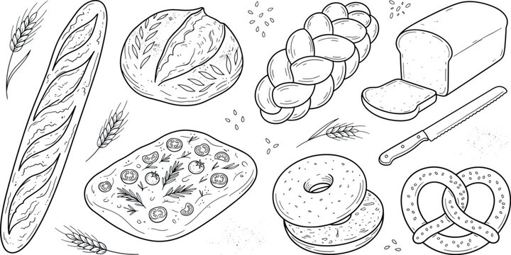 Bakery Bread Line Art Vector Illustration Set Featuring Baguette, Sourdough, Challah, Focaccia, Bagel, Pretzel, Sliced Loaf, Knife, and Wheat Ears