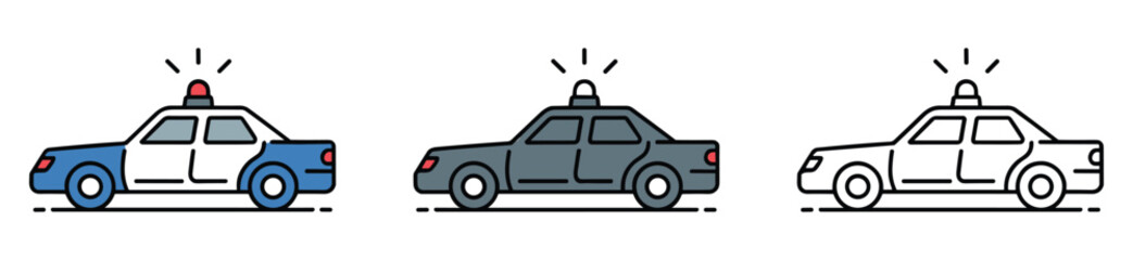 Police Car Icons: A set of three stylized police car illustrations, each featuring a flashing light on top, represent law enforcement and emergency response services. © Vector By Thakur