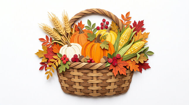 Woven basket filled with handcrafted paper pumpkins corn and autumn leaves isolated on white background