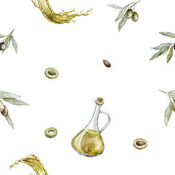 Olive oil seamless pattern with bottles, golden splashes, branches and scattered fruit on isolated background. Watercolor culinary repeat with branches for packaging, menus, labels and food design.