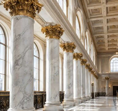 Pair of pale Carrara marble columns with gilded Corinthian capitals inside a former exchange hall with tall clerestory arches