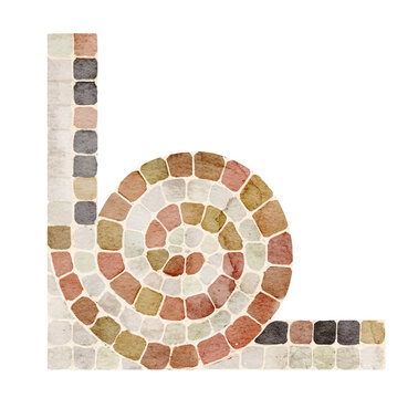 Roman mosaic watercolor illustration with a geometric spiral border made of stone tesserae isolated on background. Ancient decorative element for Mediterranean, Greek and classical designs.