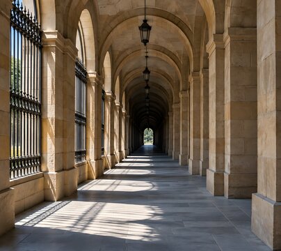 Long arcade of segmental ashlar arches with iron grilles along a city sidewalk