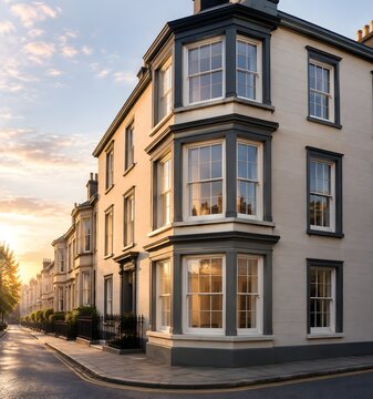 Three-storey canted bay windows in painted stone on a corner building with sash frames and moulded sills