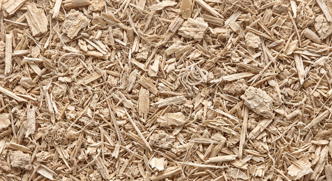 Fine grain husk fractions create a dry beige particulate surface with varied elongated fragments