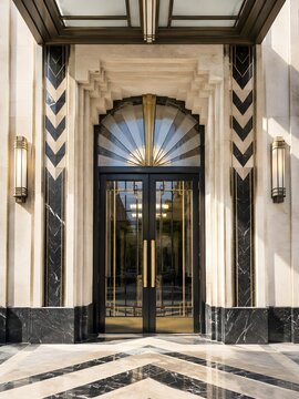 Art deco geometric entrance doorway with a stepped setback surround chevron stone inlay and a fan of glass above the door