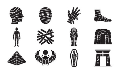 Fototapeta premium Ancient mummy and egypt icons set featuring sarcophagus pyramid scarab and bandage wrappings theme.