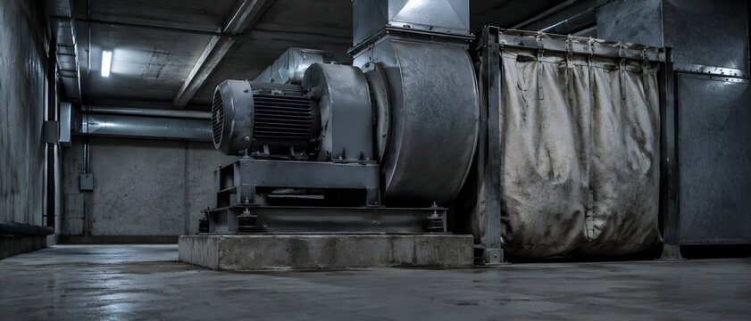 Air filtration unit in an underground shelter with a squat centrifugal blower over a floor plenum