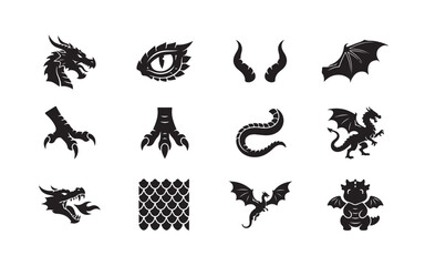 Fototapeta premium Mythical dragon silhouette elements pack containing black reptile claws and wings for graphic design.