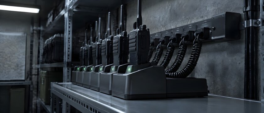 Two way radios charging in a multi-bay dock on a metal shelf in a bunker radio corner with antennae upright and status lamps glowing