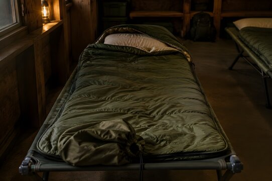 Sleeping bag unrolled on a camp cot in a shelter dormitory with a crumpled stuff sack at the foot