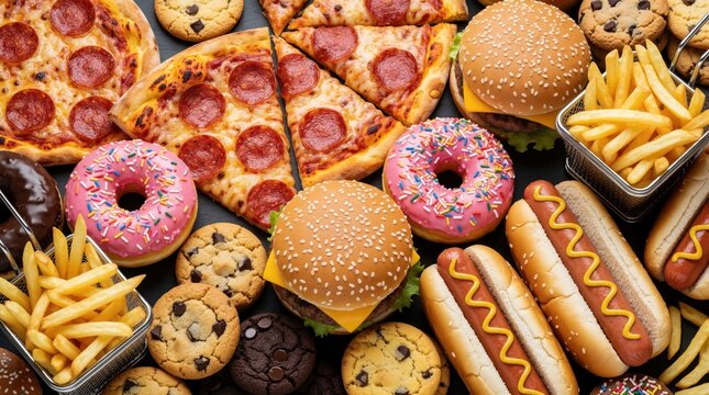 High angle view of large junk food assortment. Many delicious fast food items like pizza, burgers, hot dogs, donuts, cookies, french fries on table. Variety of unhealthy snacks, sweets, salty meals