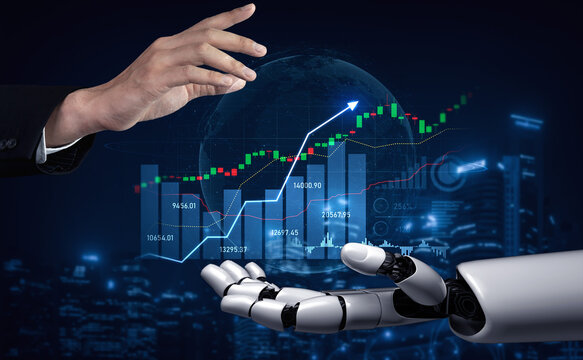 A captivating visual featuring the interaction between a human hand and a robotic arm, symbolizing technology role in financial markets and data analysis. Scalp