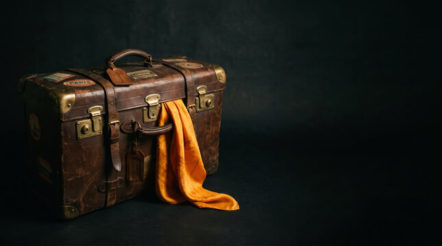 vintage leather travel suitcase with saffron scarf on dark background