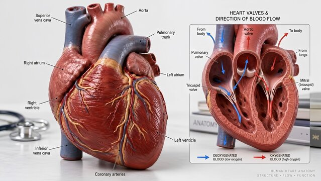 Detailed anterior view of a human heart model showing atria, ventricles, aorta, pulmonary trunk, vena cava, coronary arteries, and a zoomed inset illustrating heart valves and blood flow direction