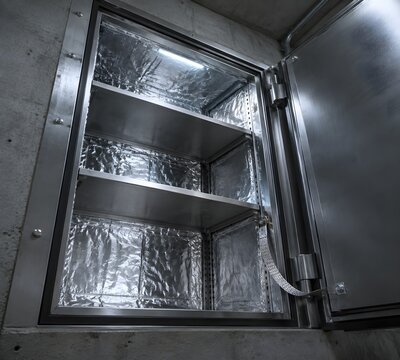 Foil lined faraday cabinet built into a bunker wall with steel door open showing empty shelving
