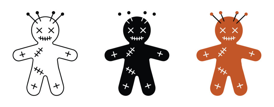 Voodoo Doll Icons: Three stylized voodoo dolls are depicted in various simplistic graphic designs, each with pins and stitched markings, representing a mystical or symbolic concept.